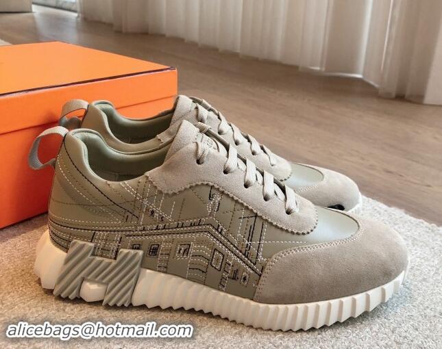 Grade Quality Hermes Bouncing Sneakers in Embroidered Leather and Suede Green/Grey 1008096