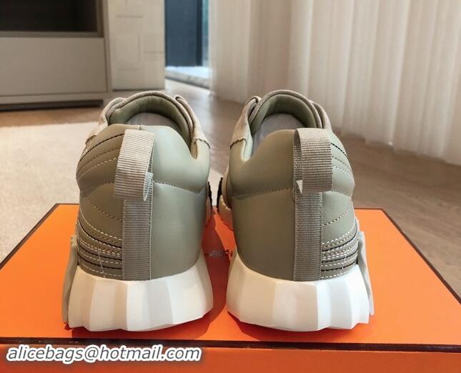 Grade Quality Hermes Bouncing Sneakers in Embroidered Leather and Suede Green/Grey 1008096