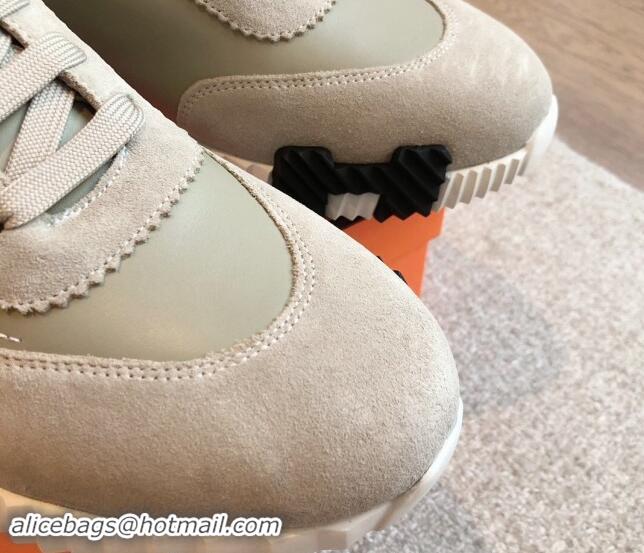 Grade Quality Hermes Bouncing Sneakers in Embroidered Leather and Suede Green/Grey 1008096