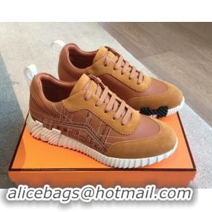 Buy Luxury Hermes Bouncing Sneakers in Embroidered Leather and Suede Brown 1008097