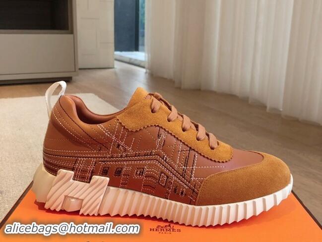 Buy Luxury Hermes Bouncing Sneakers in Embroidered Leather and Suede Brown 1008097