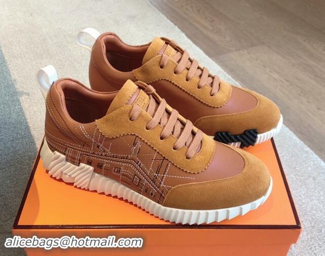 Buy Luxury Hermes Bouncing Sneakers in Embroidered Leather and Suede Brown 1008097