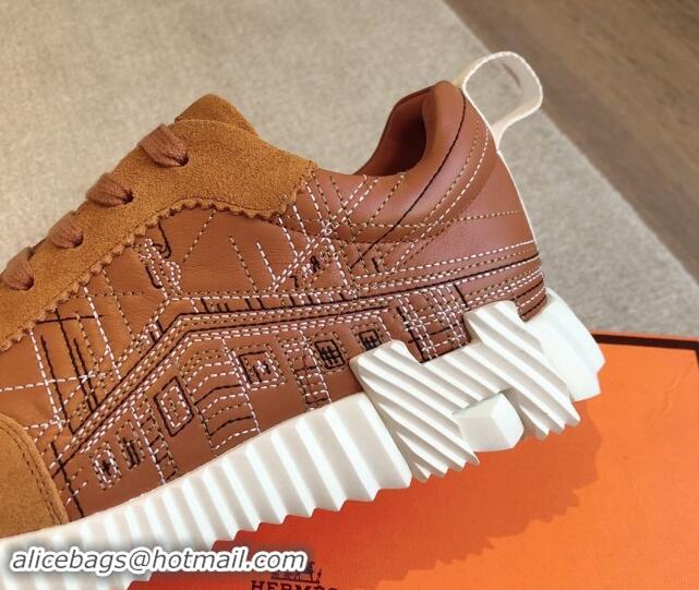 Buy Luxury Hermes Bouncing Sneakers in Embroidered Leather and Suede Brown 1008097