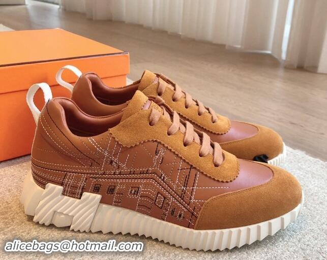 Buy Luxury Hermes Bouncing Sneakers in Embroidered Leather and Suede Brown 1008097