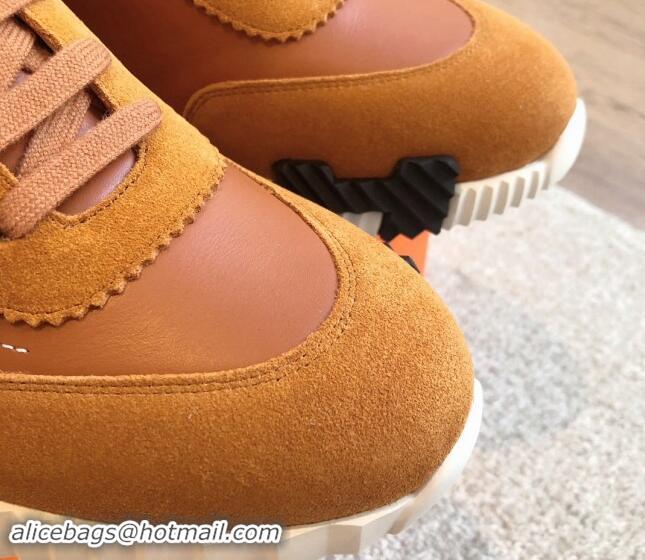 Buy Luxury Hermes Bouncing Sneakers in Embroidered Leather and Suede Brown 1008097