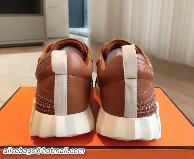 Buy Luxury Hermes Bouncing Sneakers in Embroidered Leather and Suede Brown 1008097