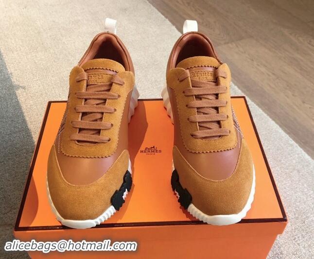 Buy Luxury Hermes Bouncing Sneakers in Embroidered Leather and Suede Brown 1008097