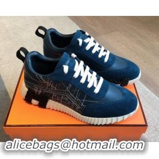 Best Price Hermes Bouncing Sneakers in Embroidered Leather and Suede Dark Blue 1008098