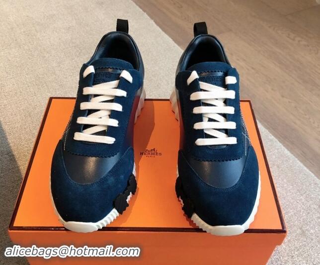 Best Price Hermes Bouncing Sneakers in Embroidered Leather and Suede Dark Blue 1008098