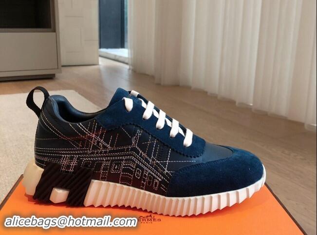 Best Price Hermes Bouncing Sneakers in Embroidered Leather and Suede Dark Blue 1008098