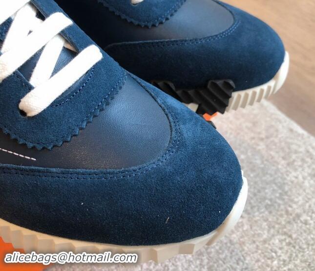 Best Price Hermes Bouncing Sneakers in Embroidered Leather and Suede Dark Blue 1008098