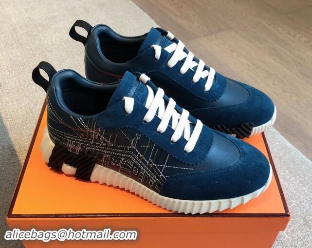 Best Price Hermes Bouncing Sneakers in Embroidered Leather and Suede Dark Blue 1008098