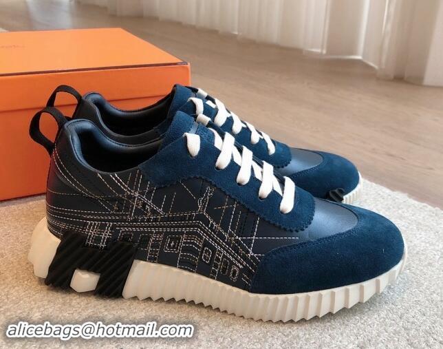 Best Price Hermes Bouncing Sneakers in Embroidered Leather and Suede Dark Blue 1008098