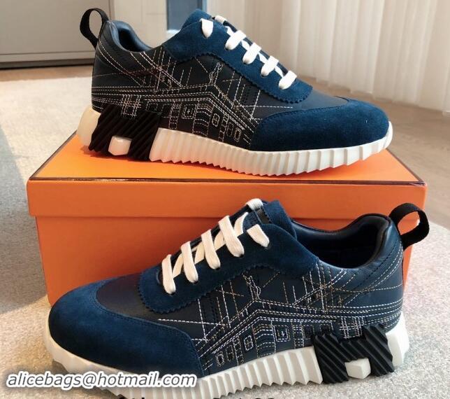 Best Price Hermes Bouncing Sneakers in Embroidered Leather and Suede Dark Blue 1008098