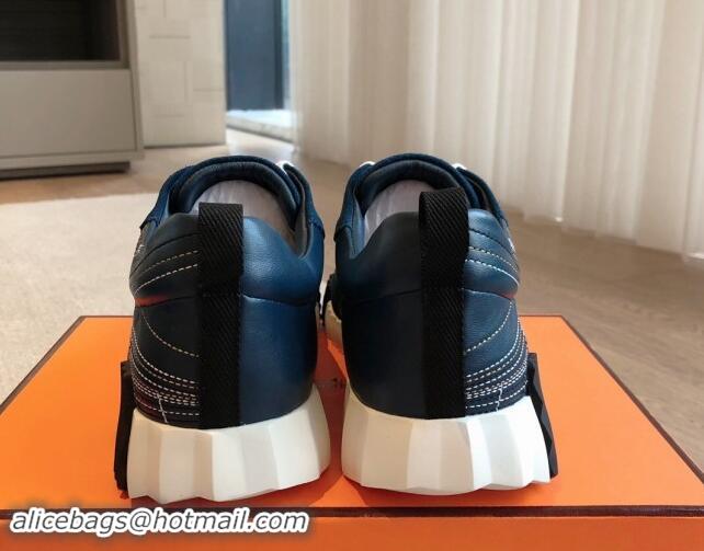 Best Price Hermes Bouncing Sneakers in Embroidered Leather and Suede Dark Blue 1008098