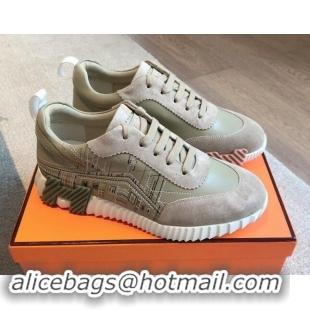 Good Looking Hermes Bouncing Sneakers in Embroidered Leather and Suede Khaki Green 008099