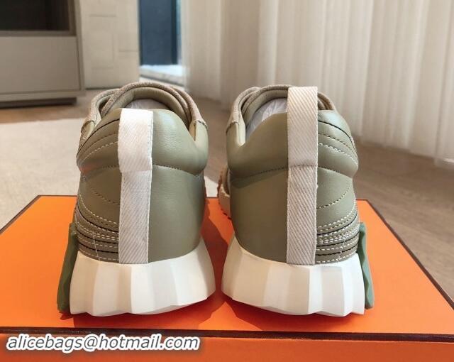 Good Looking Hermes Bouncing Sneakers in Embroidered Leather and Suede Khaki Green 008099