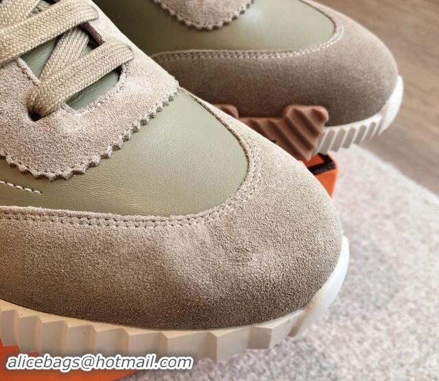 Good Looking Hermes Bouncing Sneakers in Embroidered Leather and Suede Khaki Green 008099