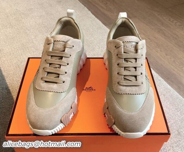 Good Looking Hermes Bouncing Sneakers in Embroidered Leather and Suede Khaki Green 008099