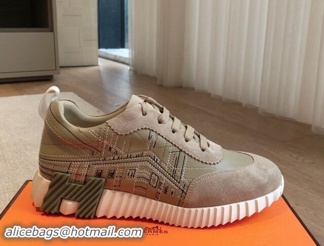 Good Looking Hermes Bouncing Sneakers in Embroidered Leather and Suede Khaki Green 008099