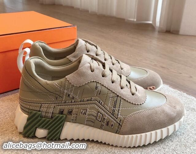 Good Looking Hermes Bouncing Sneakers in Embroidered Leather and Suede Khaki Green 008099