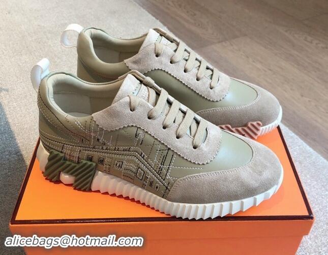 Good Looking Hermes Bouncing Sneakers in Embroidered Leather and Suede Khaki Green 008099