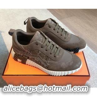 Purchase Hermes Bouncing Sneakers in Embroidered Leather and Suede Dark Grey 1008100