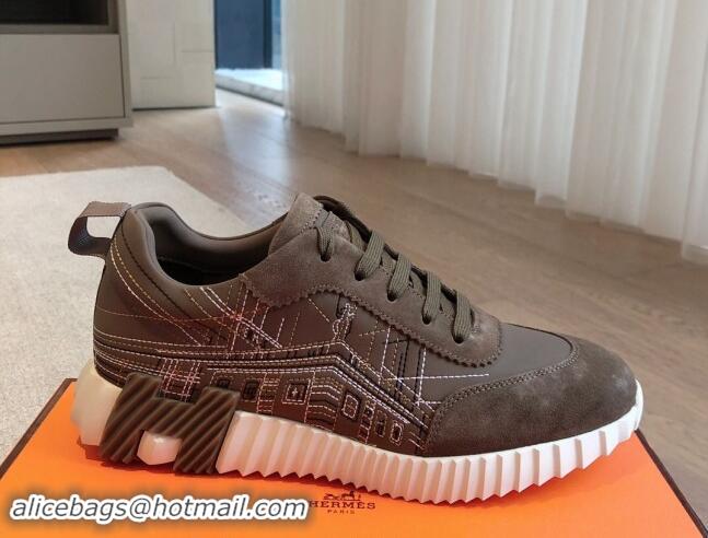 Purchase Hermes Bouncing Sneakers in Embroidered Leather and Suede Dark Grey 1008100