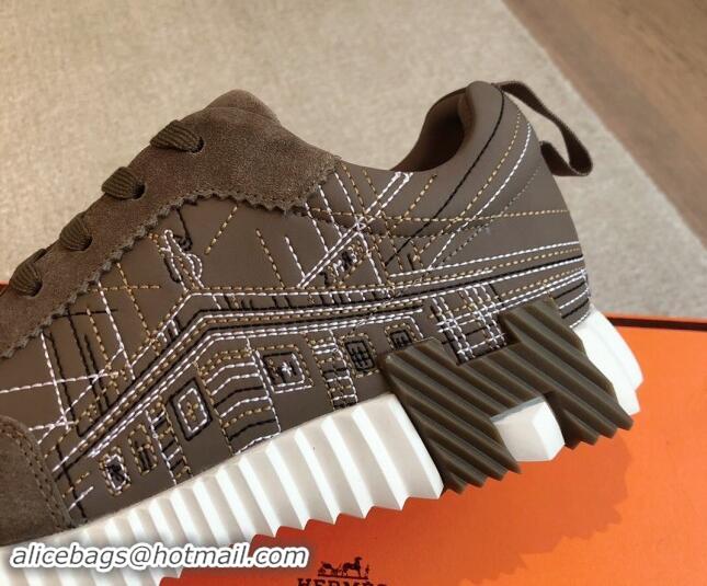 Purchase Hermes Bouncing Sneakers in Embroidered Leather and Suede Dark Grey 1008100