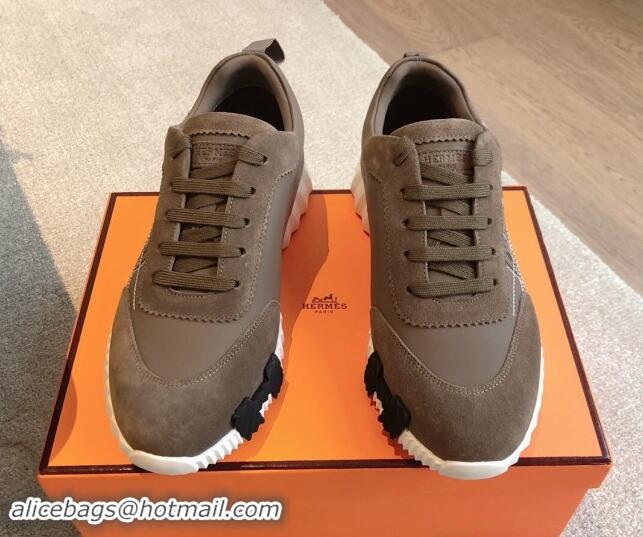 Purchase Hermes Bouncing Sneakers in Embroidered Leather and Suede Dark Grey 1008100