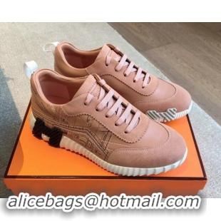 Top Grade Hermes Bouncing Sneakers in Embroidered Leather and Suede Light Pink 1008101