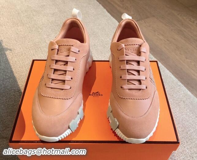 Top Grade Hermes Bouncing Sneakers in Embroidered Leather and Suede Light Pink 1008101