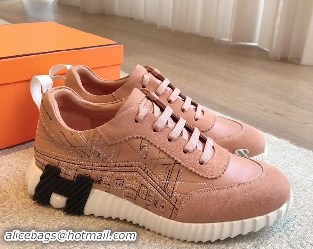 Top Grade Hermes Bouncing Sneakers in Embroidered Leather and Suede Light Pink 1008101