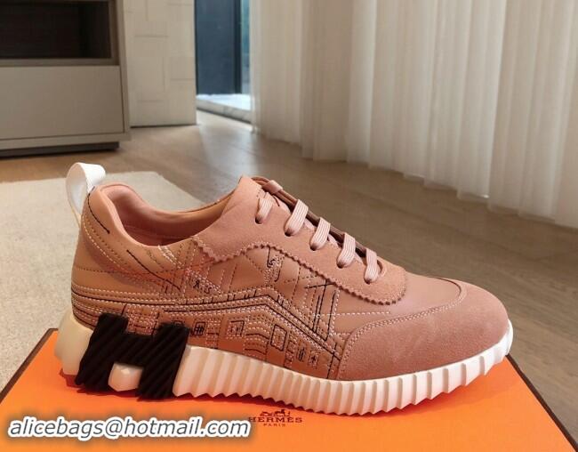 Top Grade Hermes Bouncing Sneakers in Embroidered Leather and Suede Light Pink 1008101