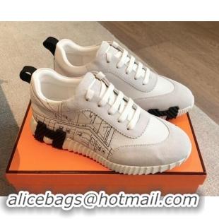 Best Grade Hermes Bouncing Sneakers in Embroidered Leather and Suede White 1008102