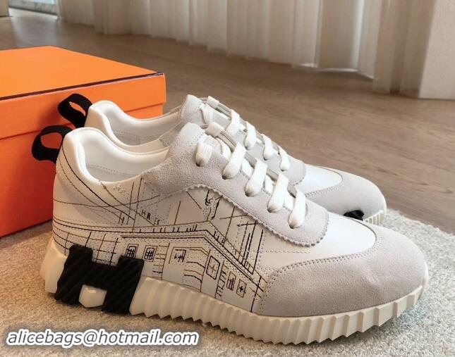 Best Grade Hermes Bouncing Sneakers in Embroidered Leather and Suede White 1008102