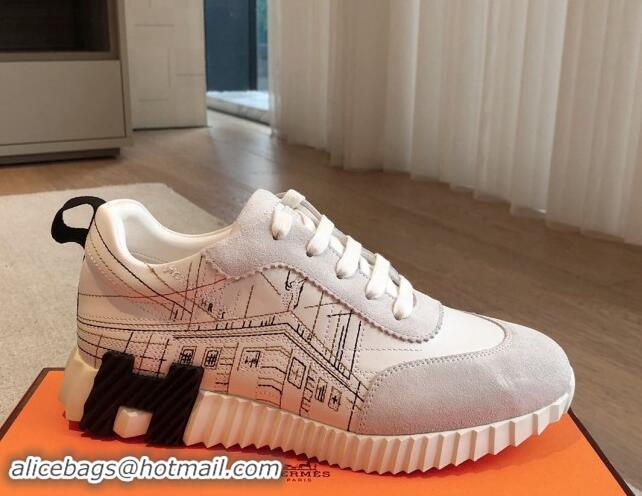 Best Grade Hermes Bouncing Sneakers in Embroidered Leather and Suede White 1008102