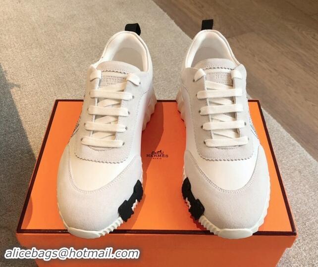 Best Grade Hermes Bouncing Sneakers in Embroidered Leather and Suede White 1008102