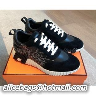 Low Cost Hermes Bouncing Sneakers in Embroidered Leather and Suede Black 1008103