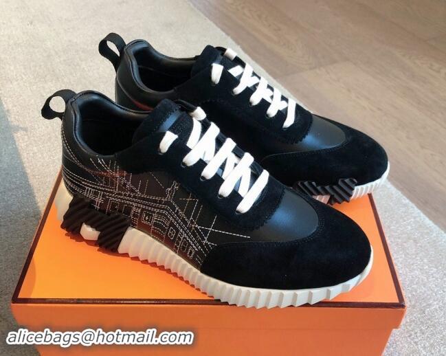 Low Cost Hermes Bouncing Sneakers in Embroidered Leather and Suede Black 1008103