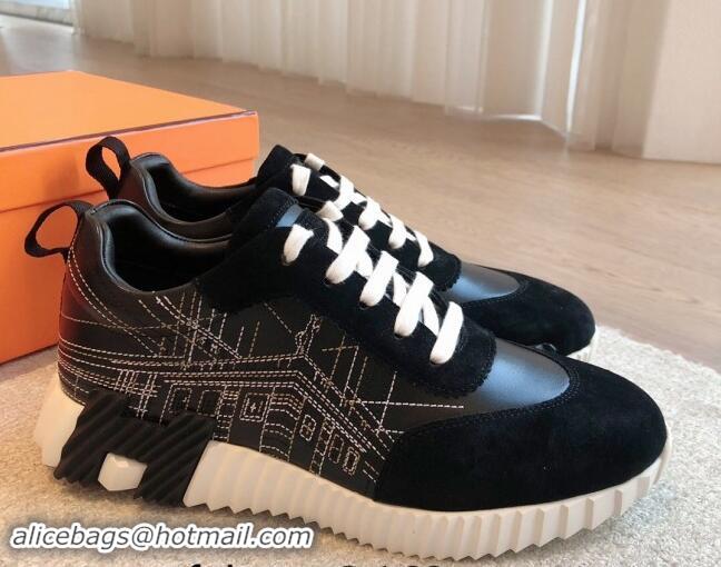 Low Cost Hermes Bouncing Sneakers in Embroidered Leather and Suede Black 1008103