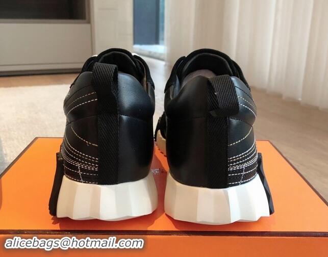 Low Cost Hermes Bouncing Sneakers in Embroidered Leather and Suede Black 1008103