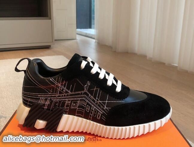 Low Cost Hermes Bouncing Sneakers in Embroidered Leather and Suede Black 1008103