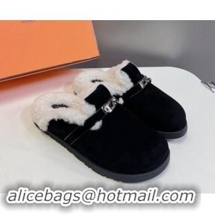 Unique Style Hermes Kelly Buckle Mules in Suede and Wool Fur Black 1008104