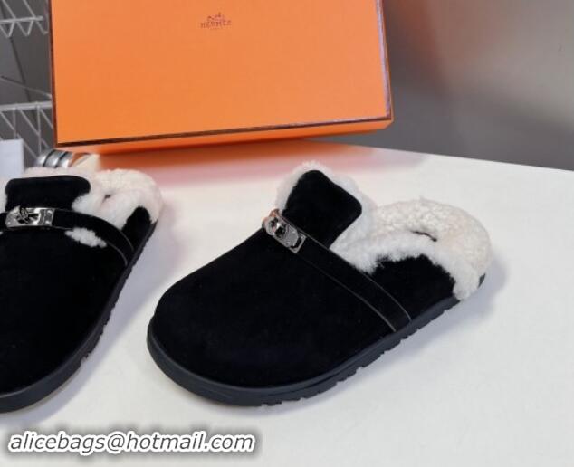 Unique Style Hermes Kelly Buckle Mules in Suede and Wool Fur Black 1008104