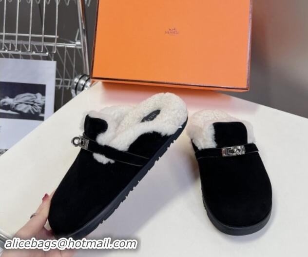 Unique Style Hermes Kelly Buckle Mules in Suede and Wool Fur Black 1008104