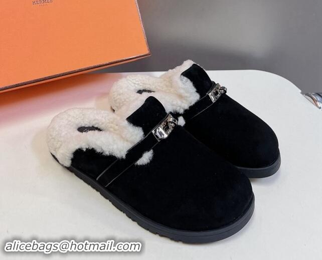 Unique Style Hermes Kelly Buckle Mules in Suede and Wool Fur Black 1008104