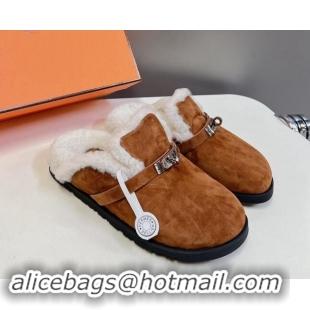 Durable Hermes Kelly Buckle Mules in Suede and Wool Fur Brown 1008105