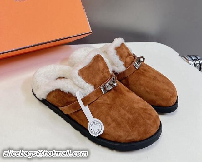 Durable Hermes Kelly Buckle Mules in Suede and Wool Fur Brown 1008105