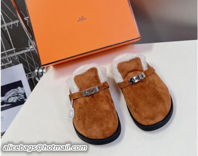 Durable Hermes Kelly Buckle Mules in Suede and Wool Fur Brown 1008105